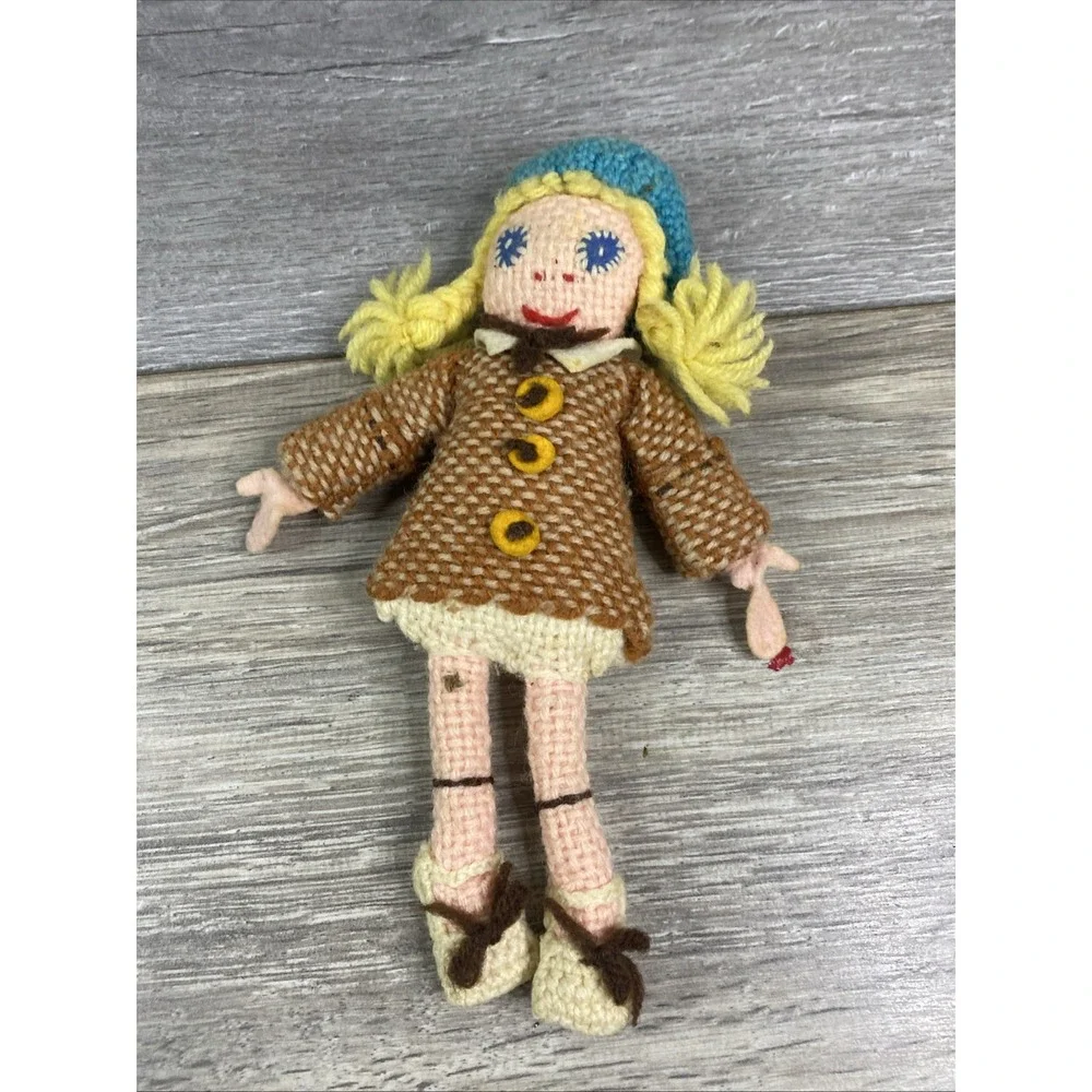 Unbranded Vintage Crochet Doll Girl Small Brown Blue Good Handmade Folk Art Toy‎